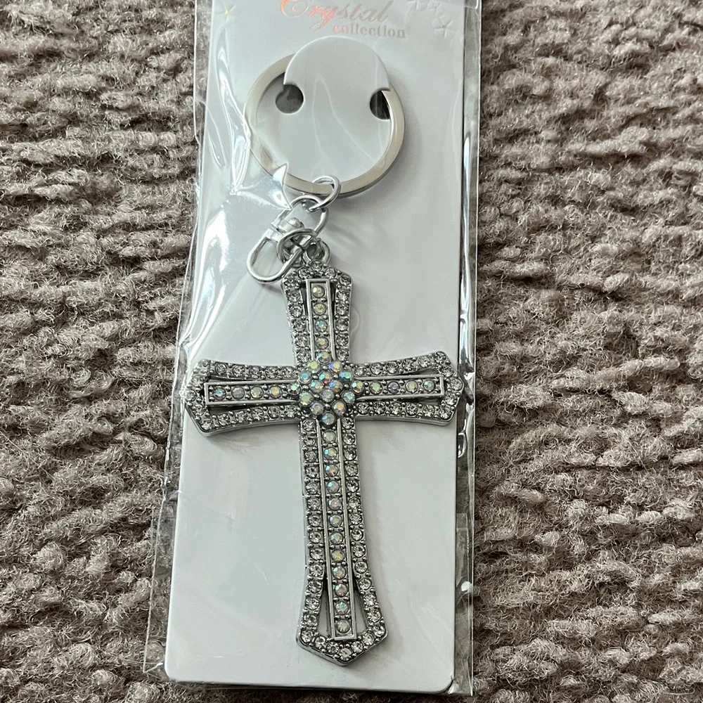 Silver Crystal Cross Keychain